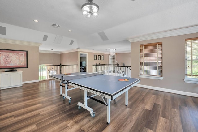 12710 Everhart Pointe Dr, Tomball, TX 77377 - recreation room with ornamental molding, wood finished floors, baseboards, a chandelier, and recessed lighting