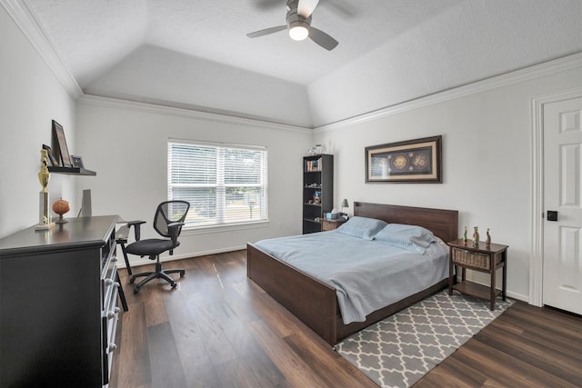 12710 Everhart Pointe Dr, Tomball, TX 77377 - bedroom with dark wood finished floors, vaulted ceiling, a desk, a textured ceiling, and ceiling fan