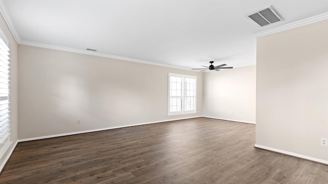 16902 River Willow Dr, Spring, TX 77379 - unfurnished room featuring ceiling fan, dark wood-type flooring, ornamental molding, and baseboards