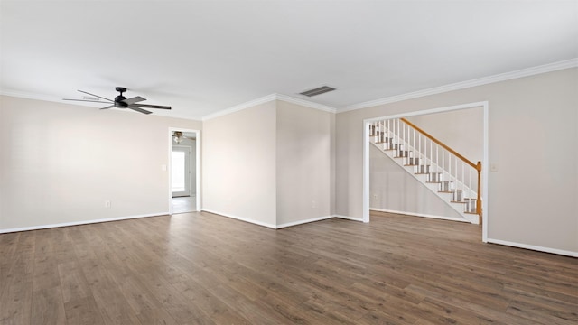 16902 River Willow Dr, Spring, TX 77379 - unfurnished living room featuring ceiling fan, stairway, crown molding, dark wood-style floors, and baseboards