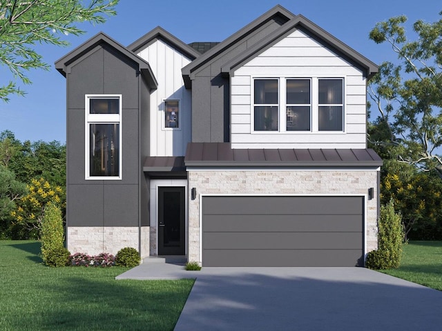6541 Sealey St, Houston, TX 77091 - modern home featuring stone siding, a standing seam roof, a front lawn, a garage, and concrete driveway