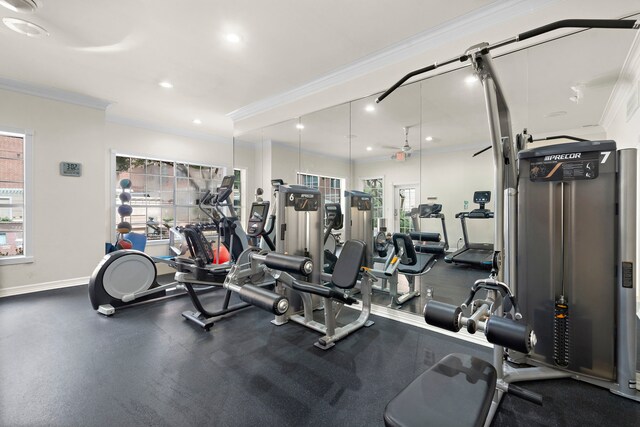 2111 Welch St Unit B212, Houston, TX 77019 - workout area with crown molding, recessed lighting, and baseboards