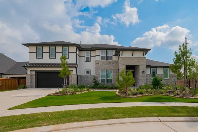 27807 Bridgeway St, Spring, TX 77386 - prairie-style home featuring concrete driveway, an attached garage, stone siding, stucco siding, and a standing seam roof