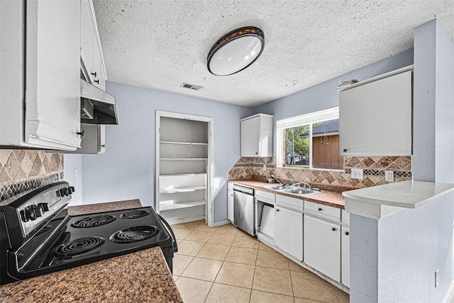17607 Northfalk Dr, Houston, TX 77084 - kitchen with stainless steel appliances, under cabinet range hood, a sink, white cabinets, and tasteful backsplash