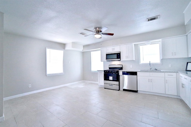 6534 Ledbetter St, Houston, TX 77087 - kitchen with stainless steel appliances, a sink, a ceiling fan, healthy amount of natural light, and a textured ceiling
