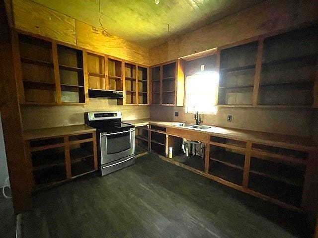 6211 Gresham St, Wallis, TX 77485 - kitchen featuring stainless steel range with electric cooktop, a sink, dark wood-type flooring, under cabinet range hood, and open shelves