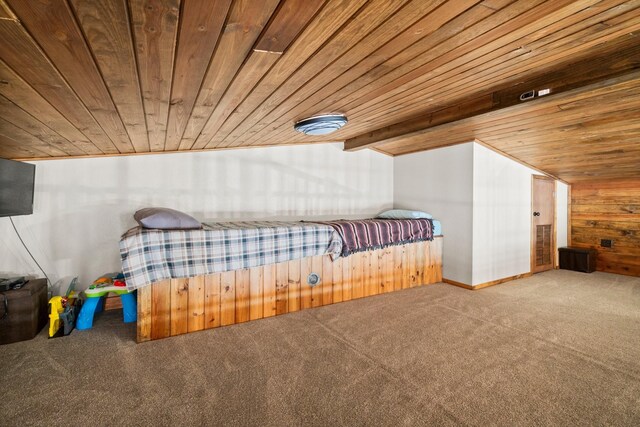 51 Roatan Dr, Point Blank, TX 77364 - unfurnished bedroom with wood ceiling, carpet floors, wooden walls, and vaulted ceiling