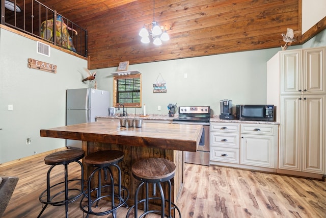 51 Roatan Dr, Point Blank, TX 77364 - kitchen with stainless steel electric stove, wood counters, wood ceiling, light wood-style flooring, and a breakfast bar area