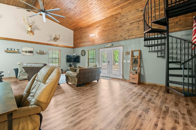 51 Roatan Dr, Point Blank, TX 77364 - living area featuring wood ceiling, stairway, ceiling fan, high vaulted ceiling, and wood finished floors