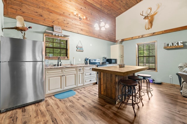51 Roatan Dr, Point Blank, TX 77364 - kitchen featuring stainless steel appliances, wood counters, wood ceiling, high vaulted ceiling, and a sink