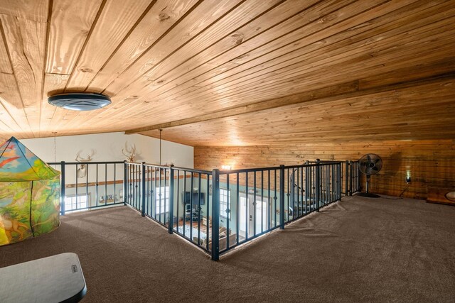 51 Roatan Dr, Point Blank, TX 77364 - hallway featuring wooden ceiling, carpet floors, wood walls, and vaulted ceiling