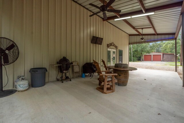 51 Roatan Dr, Point Blank, TX 77364 - view of patio / terrace featuring ceiling fan, french doors, and an outdoor structure