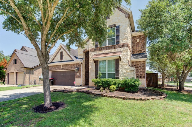 traditional home featuring stone siding, driveway, and brick siding