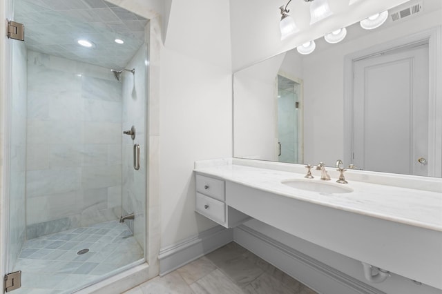 6104 San Felipe St, Houston, TX 77057 - full bathroom with a stall shower, vanity, recessed lighting, marble finish flooring, and baseboards