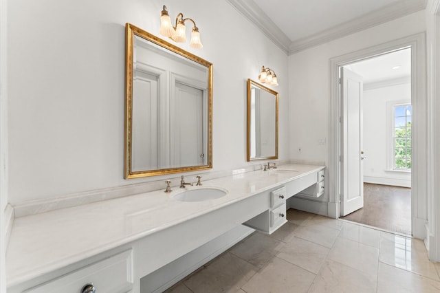 6104 San Felipe St, Houston, TX 77057 - bathroom featuring crown molding and double vanity
