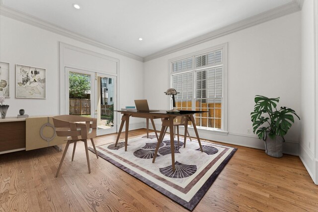 6104 San Felipe St, Houston, TX 77057 - home office with ornamental molding, light wood-style flooring, and recessed lighting