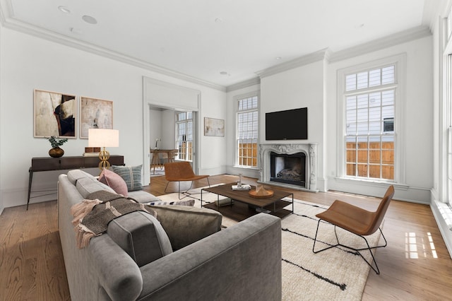 6104 San Felipe St, Houston, TX 77057 - living room with ornamental molding, light wood finished floors, baseboards, and a premium fireplace