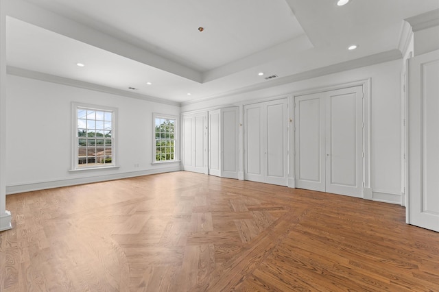 6104 San Felipe St, Houston, TX 77057 - unfurnished bedroom with recessed lighting, two closets, ornamental molding, and a tray ceiling