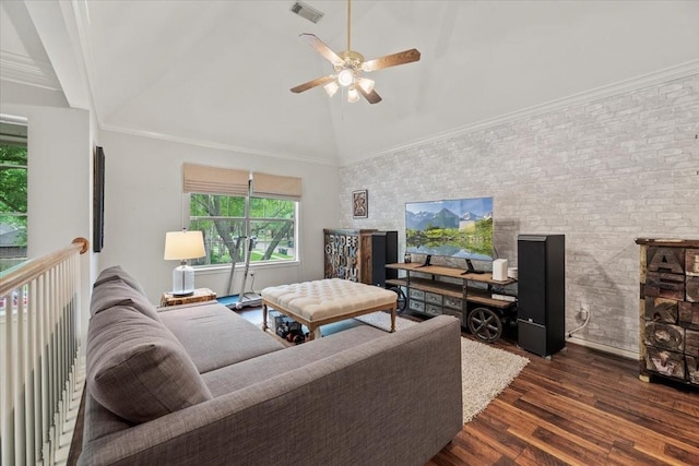 living room featuring ceiling fan, dark wood-style floors, and high vaulted ceiling