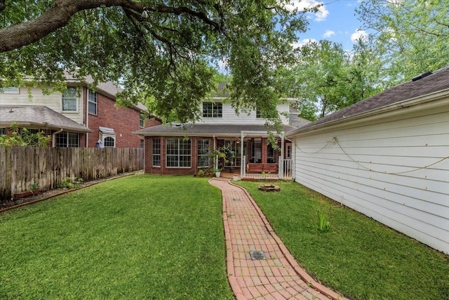back of property featuring brick siding and a porch