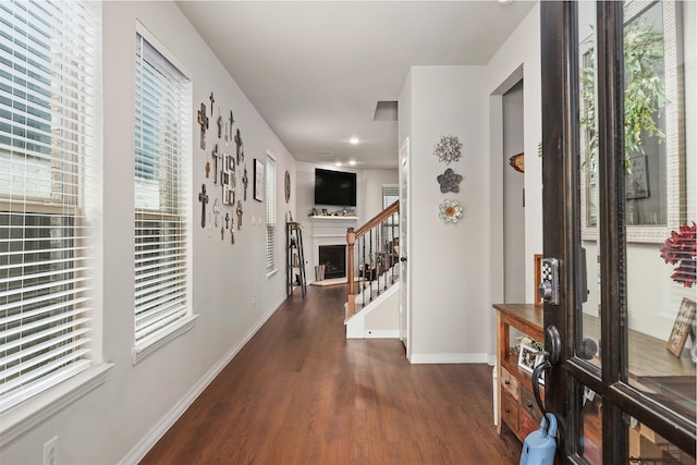 183 Lucky Manor Ln, La Porte, TX 77571 - hallway featuring wood finished floors, baseboards, stairway, and recessed lighting