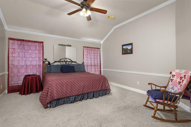 1409 Cherokee St, Deer Park, TX 77536 - carpeted bedroom with crown molding, baseboards, lofted ceiling, and ceiling fan