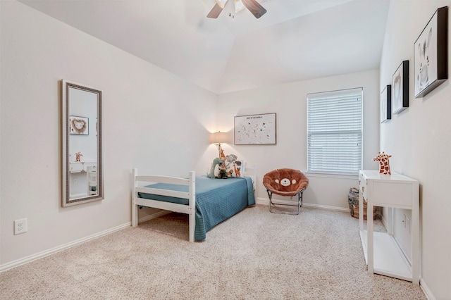 17219 Rookery Ct, Conroe, TX 77385 - carpeted bedroom with vaulted ceiling, baseboards, and a ceiling fan