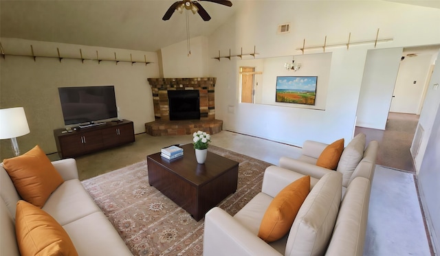 12534 Versailles Dr, Houston, TX 77015 - carpeted living room with lofted ceiling and ceiling fan