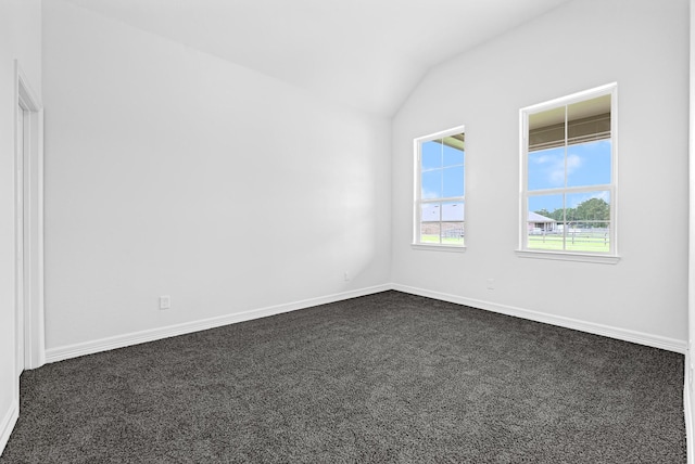 201 Big Spring Dr, Anahuac, TX 77514 - unfurnished room with lofted ceiling, dark carpet, and baseboards