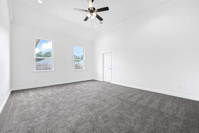 201 Big Spring Dr, Anahuac, TX 77514 - spare room featuring ceiling fan, dark colored carpet, baseboards, crown molding, and vaulted ceiling