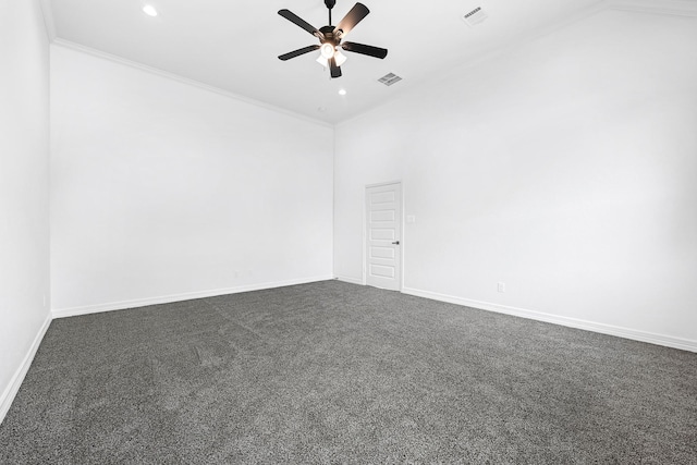 201 Big Spring Dr, Anahuac, TX 77514 - spare room featuring dark colored carpet, a ceiling fan, baseboards, ornamental molding, and recessed lighting