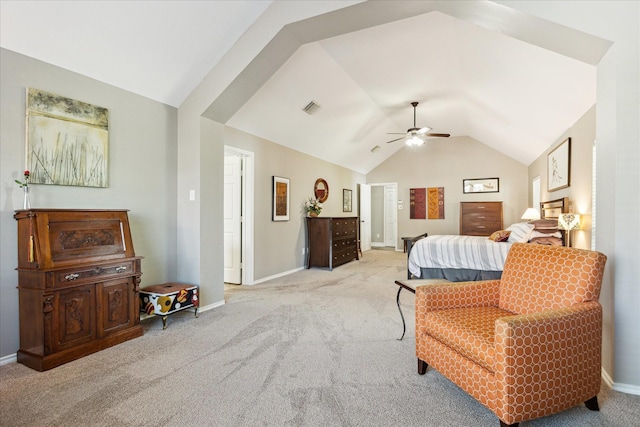 bedroom featuring light carpet, lofted ceiling, baseboards, and ceiling fan