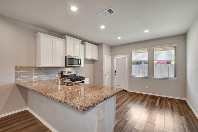 kitchen with stainless steel appliances, a sink, light stone countertops, tasteful backsplash, and dark wood-style floors