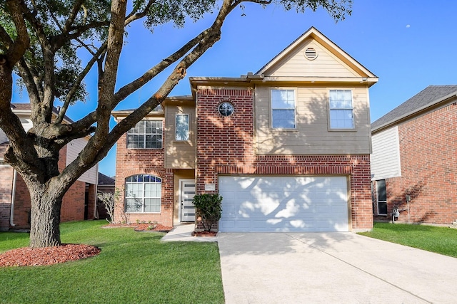 traditional-style house featuring brick siding, an attached garage, concrete driveway, and a front yard