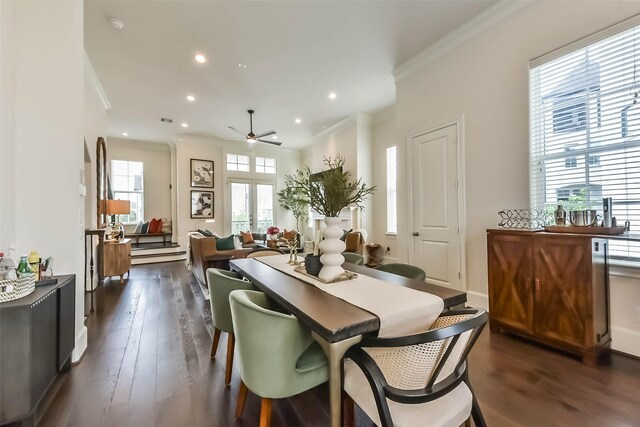 9450 London Bridge Sta, Houston, TX 77045 - dining area featuring crown molding, dark wood-style floors, a ceiling fan, recessed lighting, and baseboard heating