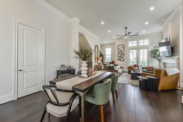 9450 London Bridge Sta, Houston, TX 77045 - dining area with crown molding, a ceiling fan, dark wood-style floors, recessed lighting, and baseboards