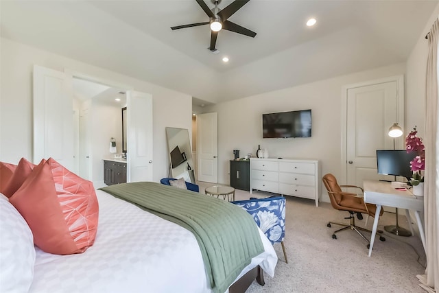9450 London Bridge Sta, Houston, TX 77045 - bedroom with light colored carpet, recessed lighting, an office area, connected bathroom, and a ceiling fan