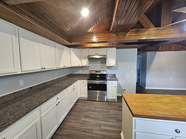 1305 Saint Lawrence River Rd, Conroe, TX 77316 - kitchen featuring stainless steel range with electric cooktop, wooden ceiling, under cabinet range hood, dark wood-style floors, and white cabinets
