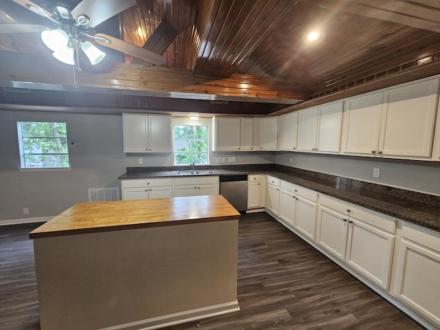 1305 Saint Lawrence River Rd, Conroe, TX 77316 - kitchen featuring wooden counters, stainless steel dishwasher, a sink, wood ceiling, and dark wood-style flooring