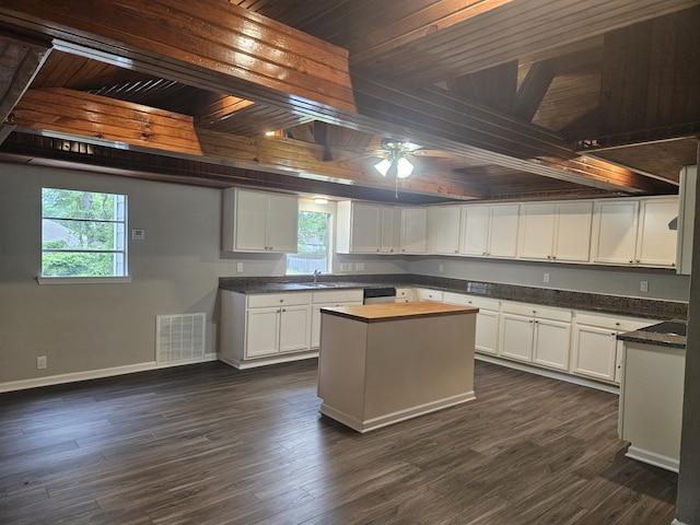 1305 Saint Lawrence River Rd, Conroe, TX 77316 - kitchen with baseboards, white cabinetry, plenty of natural light, ceiling fan, and wooden ceiling