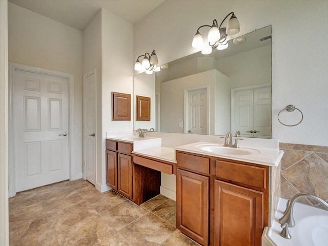 full bathroom with double vanity, a bathtub, and a closet
