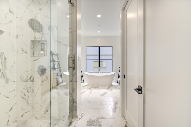 1611 W 22nd St Unit C, Houston, TX 77008 - full bathroom featuring a marble finish shower, a freestanding tub, marble tiled floors, and recessed lighting