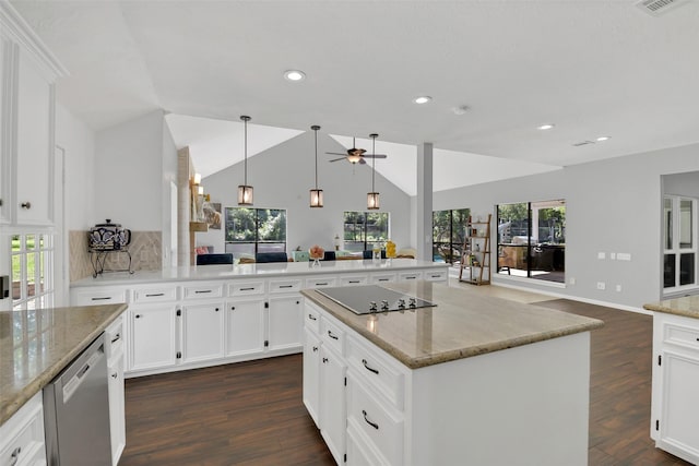 kitchen featuring dishwasher, black electric stovetop, open floor plan, dark wood finished floors, and recessed lighting