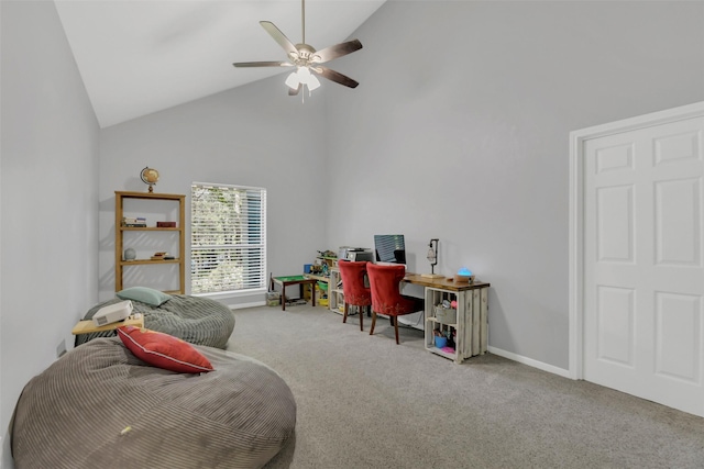home office featuring carpet floors, a ceiling fan, high vaulted ceiling, and baseboards