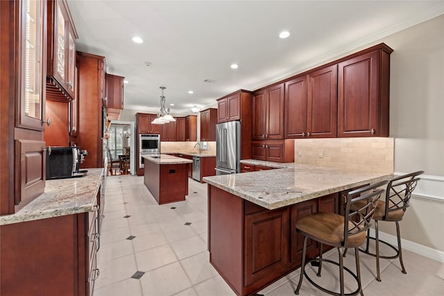 19827 Timberwind Ln, Houston, TX 77094 - kitchen featuring stainless steel appliances, a peninsula, recessed lighting, backsplash, and light stone countertops