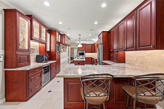 19827 Timberwind Ln, Houston, TX 77094 - kitchen featuring wine cooler, stainless steel appliances, recessed lighting, tasteful backsplash, and light stone counters