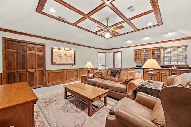 19827 Timberwind Ln, Houston, TX 77094 - living room with a wainscoted wall, ceiling fan, recessed lighting, ornamental molding, and coffered ceiling