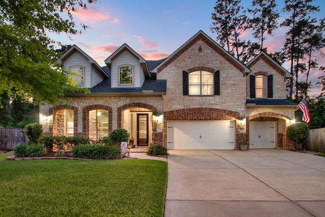 514 Chirping Sparrow Ct, Pinehurst, TX 77362 - french country style house featuring an attached garage, concrete driveway, brick siding, and a shingled roof
