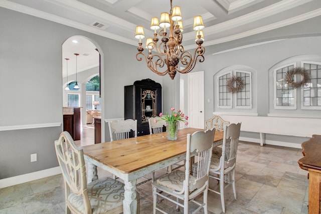 514 Chirping Sparrow Ct, Pinehurst, TX 77362 - dining space with arched walkways, stone tile floors, ornamental molding, a chandelier, and baseboards