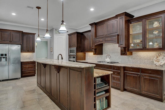 514 Chirping Sparrow Ct, Pinehurst, TX 77362 - kitchen featuring stainless steel appliances, crown molding, backsplash, light stone countertops, and dark brown cabinetry